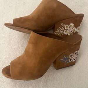 Tory Burch Royal Tan Suede Floral Embroidered Mules